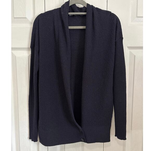 Eileen Fisher Navy Blue Open-Front Textured Drapey Wool Cardigan XS - Picture 1 of 7